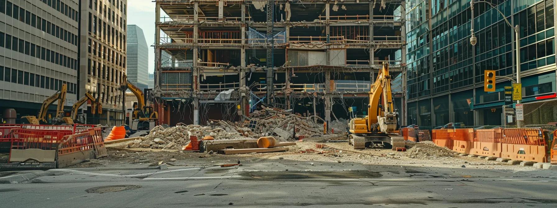 a stark urban construction site features towering equipment and a partially demolished commercial building, surrounded by safety barriers and warning signs, symbolizing the intense preparation for a major demolition project.