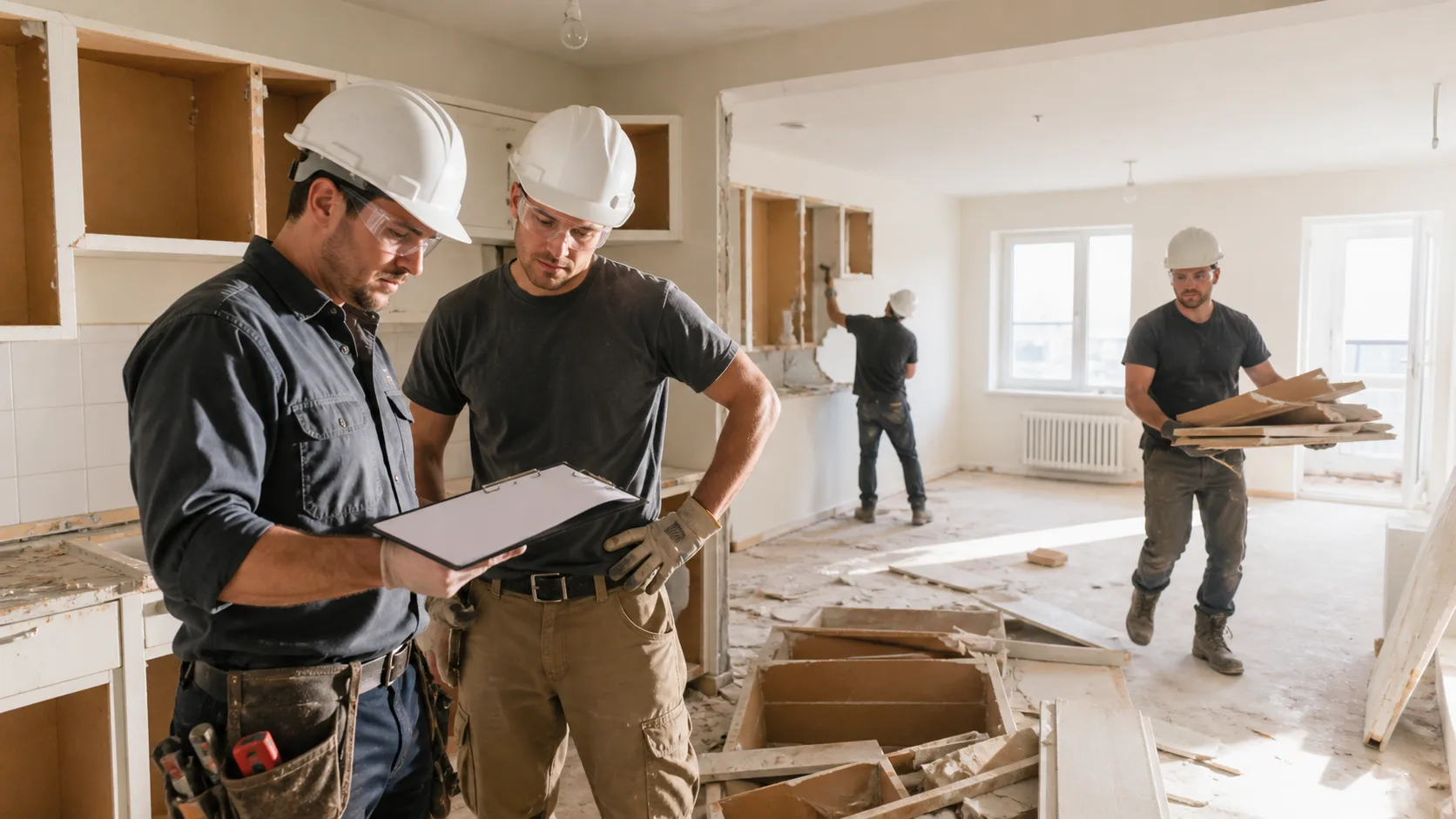 Three construction workers in hard hats inspect a wall-removal project; two in the foreground review a clipboard inside a partially demolished kitchen.